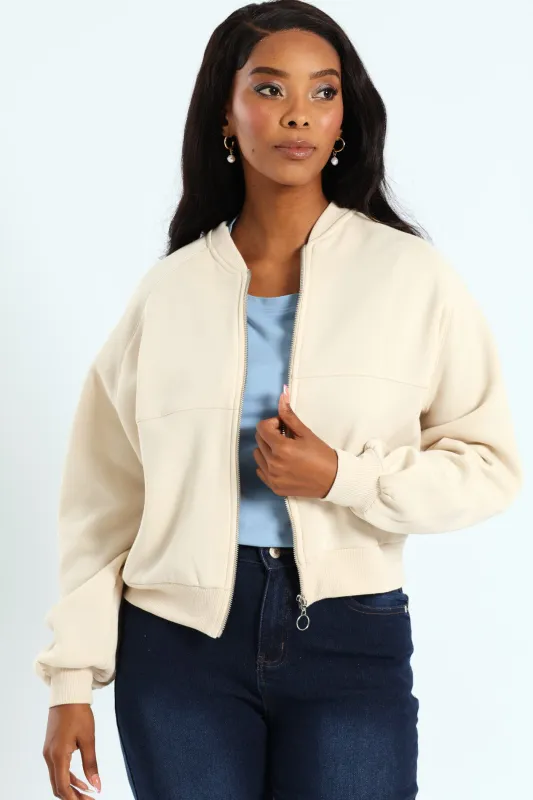 Zip Through Fleece Bomber Jacket - Ivory sold by Edgars