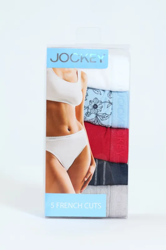 5 Pack Cotton Hi-Cut Tonal Print Panties - White/Bloom/Red/Navy sold by Edgars