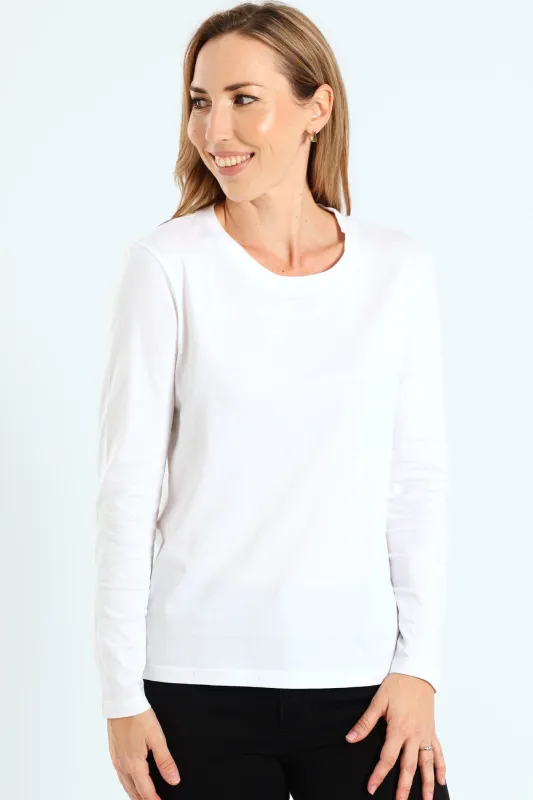 Long Sleeve Cotton Crew Top - White sold by Edgars 