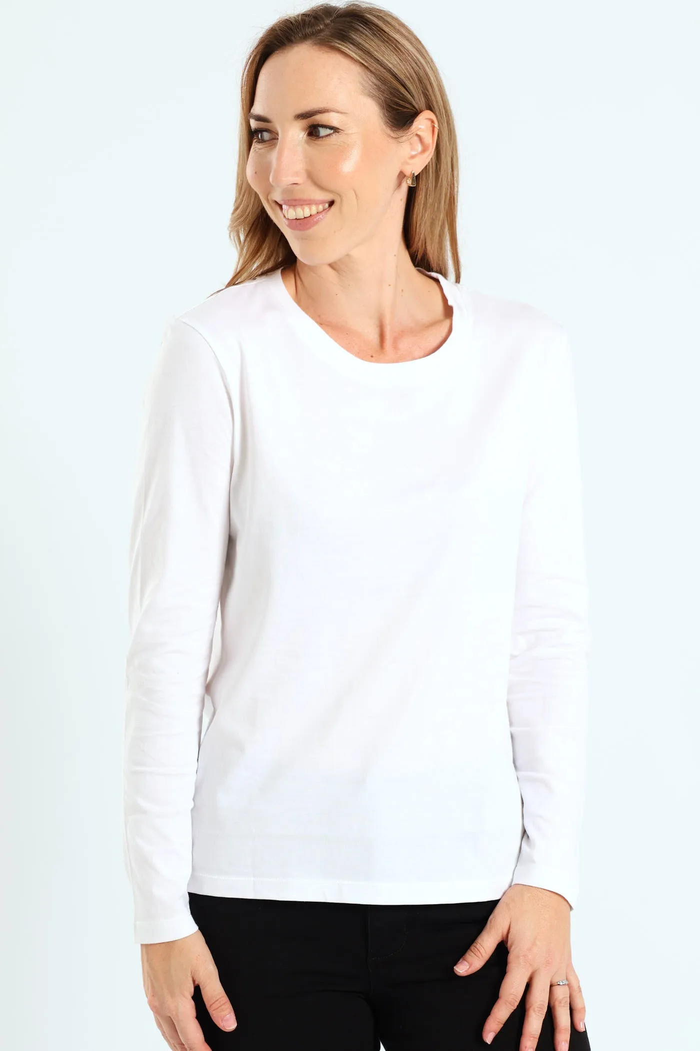 Long Sleeve Cotton Crew Top - White sold by Edgars