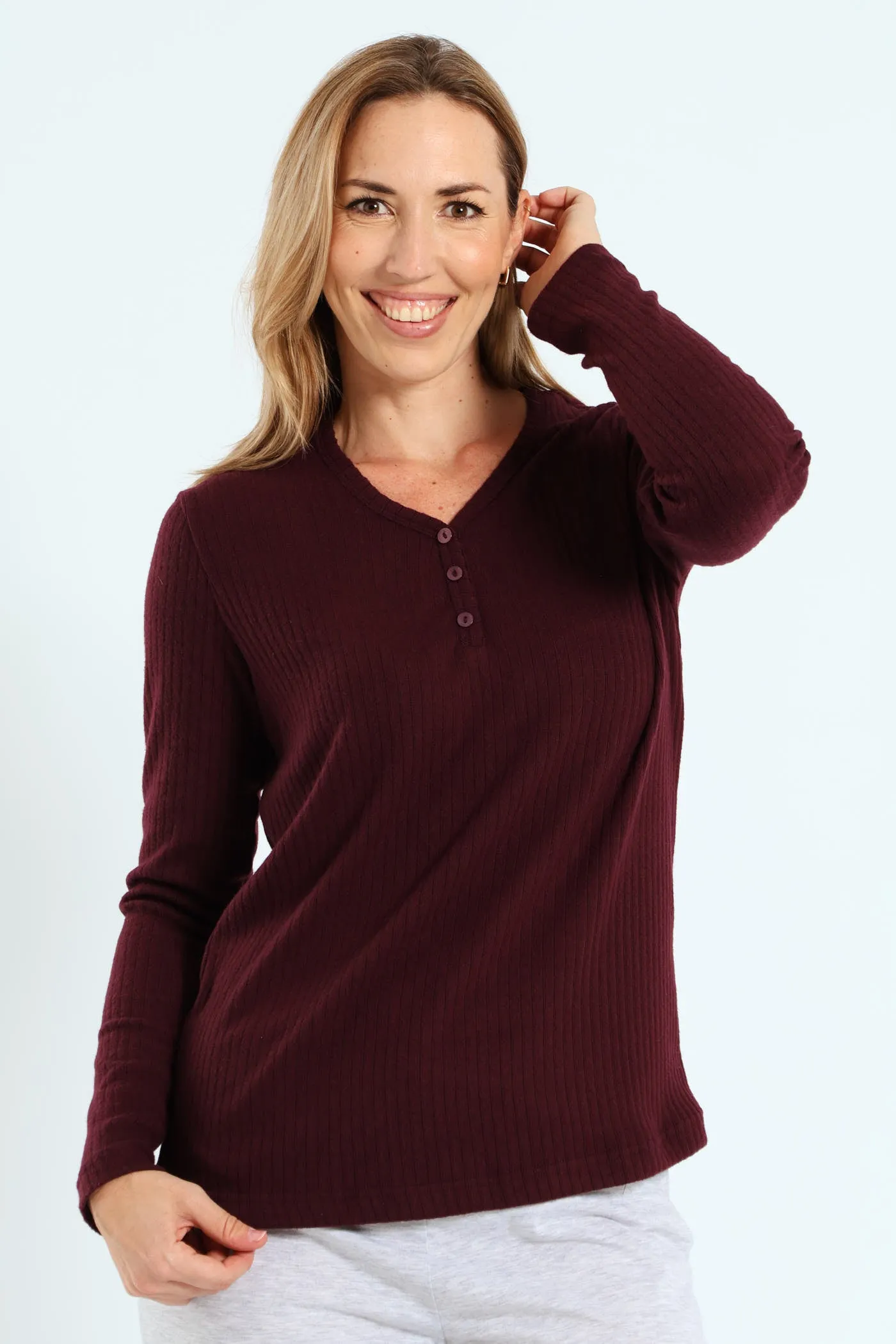 Long Sleeve Brushed Rib Tee - Wine sold by Edgars