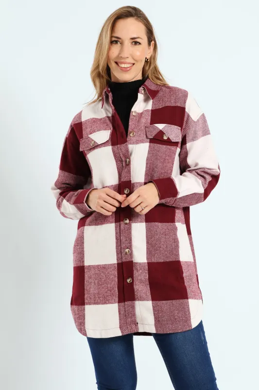 Curved Hem Long Length Lined Melton Shacket - Wine sold by Edgars