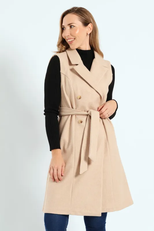 Long Length Belted Melton Gilet - Chestnut sold by Edgars 