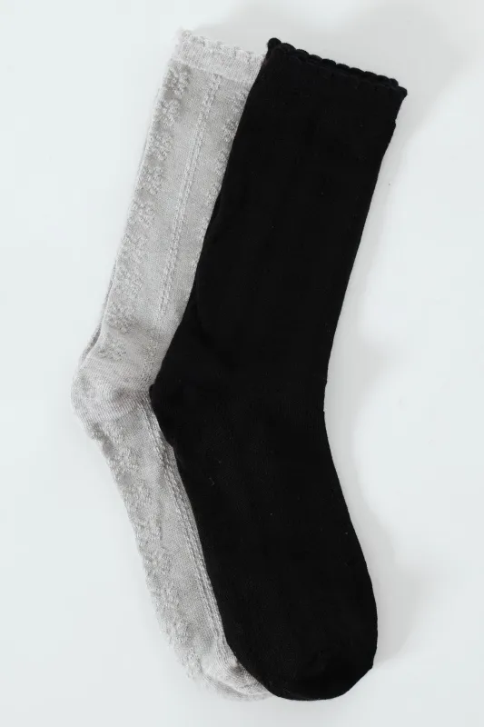 2 Pack Jacquard Flowers Crew Socks - Black/Grey sold by Edgars