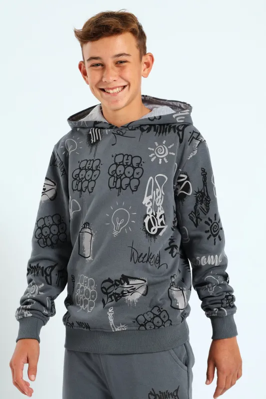 Boys Graffiti Print Hoody - Charcoal sold by Edgars