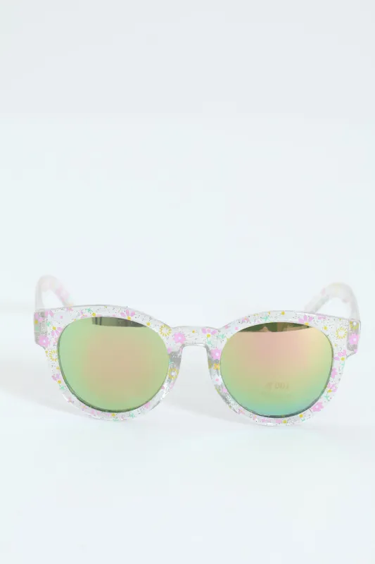 Pre-Girls Glitter Floral Clear Round Sunnies - Clear sold by Edgars