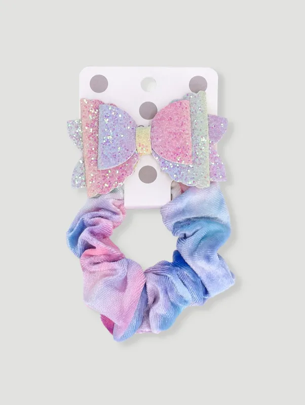 Pre-Girls Glitter Bow Clip Tie Dye Scrunchie - Multi sold by Edgars