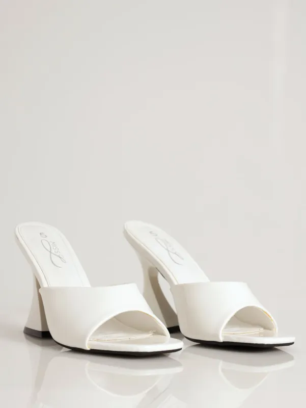 Ladies Hi Shaped Patent Push In Mule - White sold by Edgars 
