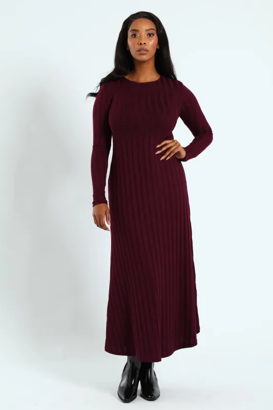 Ribbed Fit Flare Cut & Sew Midaxi Dress - Burgundy sold by Edgars 