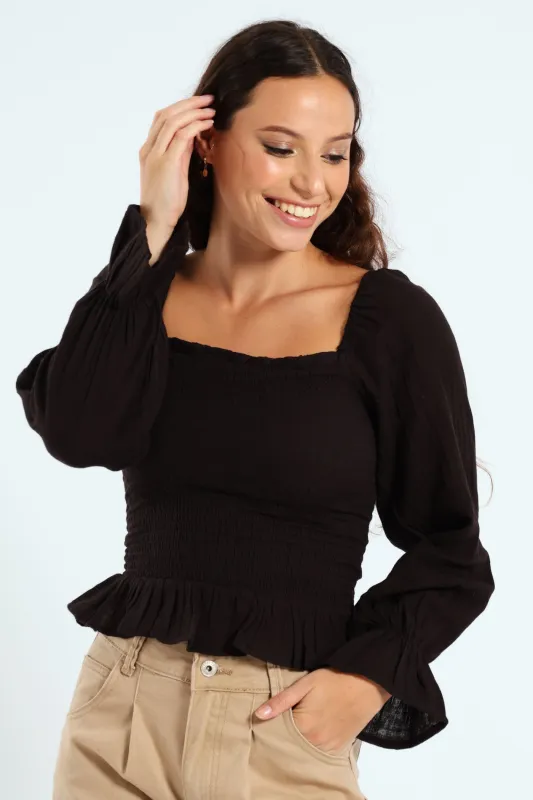 Smock Square Neck Top - Black sold by Edgars
