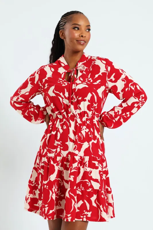 Mandarin Collar Waisted Tiered Mini Dress With Tie Front - White/Red sold by Edgars 