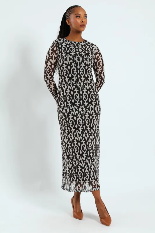 Printed Mesh A-Line Maxi Dress - Black/Cream sold by Edgars