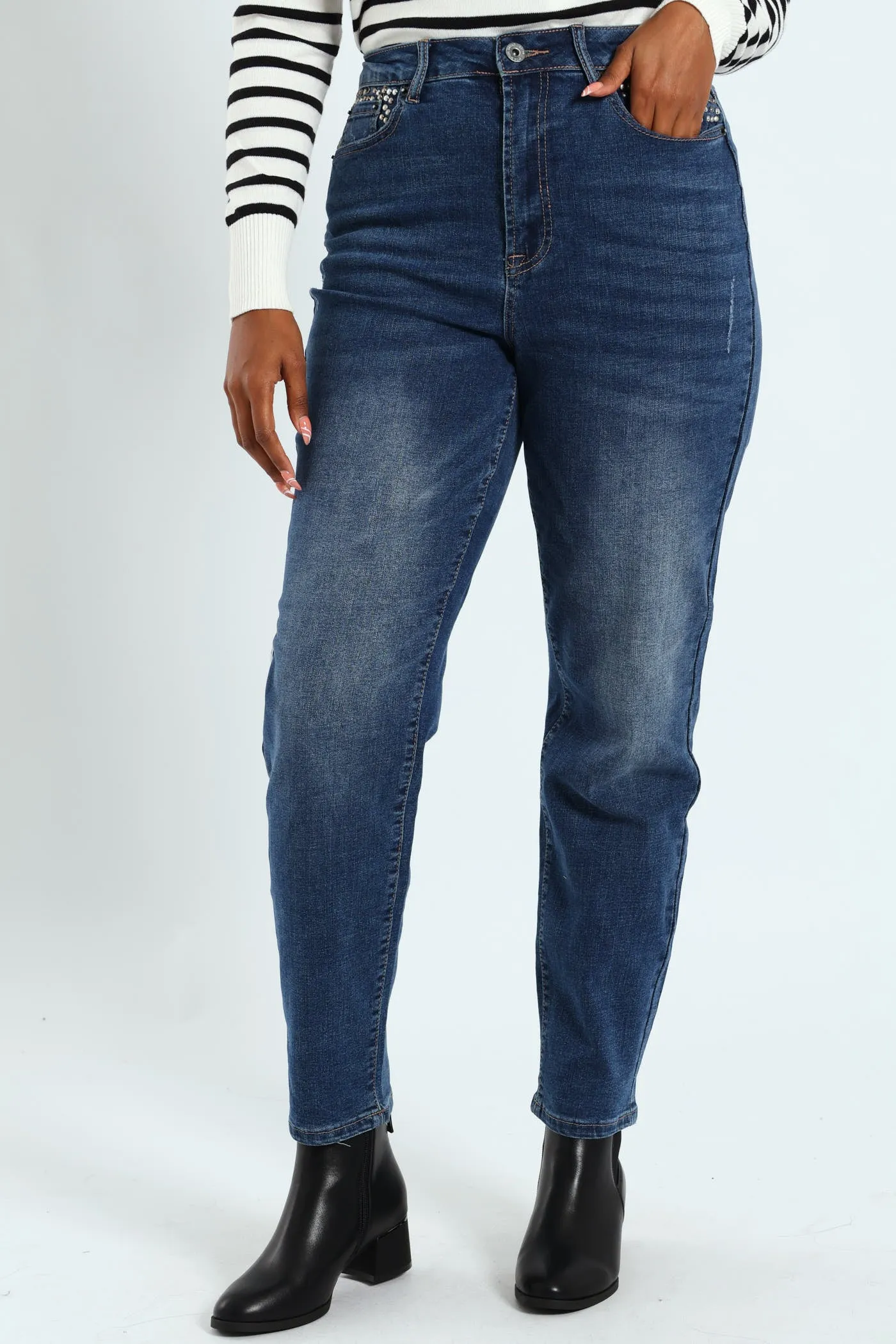Stud Pocket Crosshatch Mom Jean - Medium Wash sold by Edgars