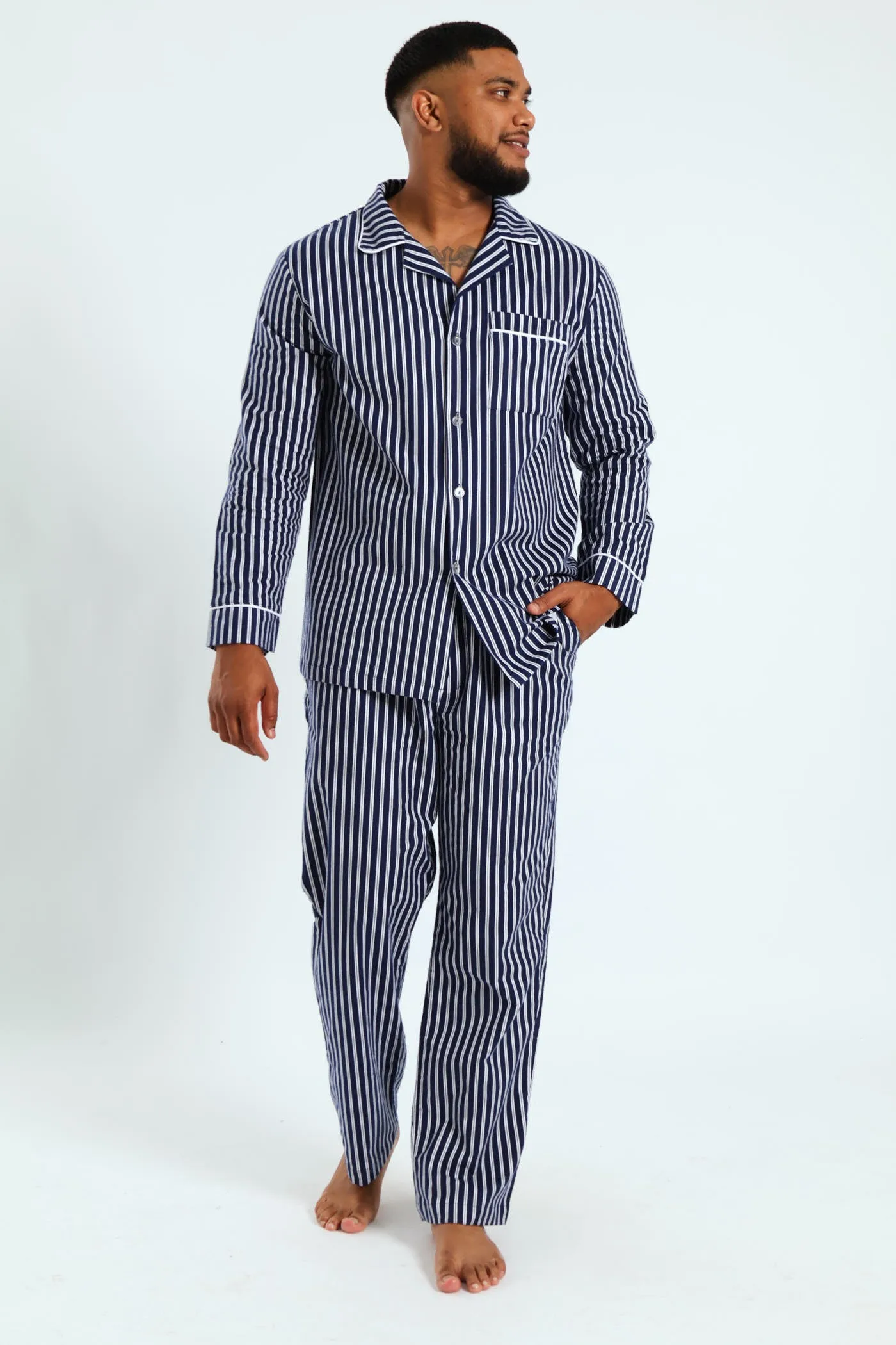 Stripe Flannel Pjs - Navy/White sold by Edgars