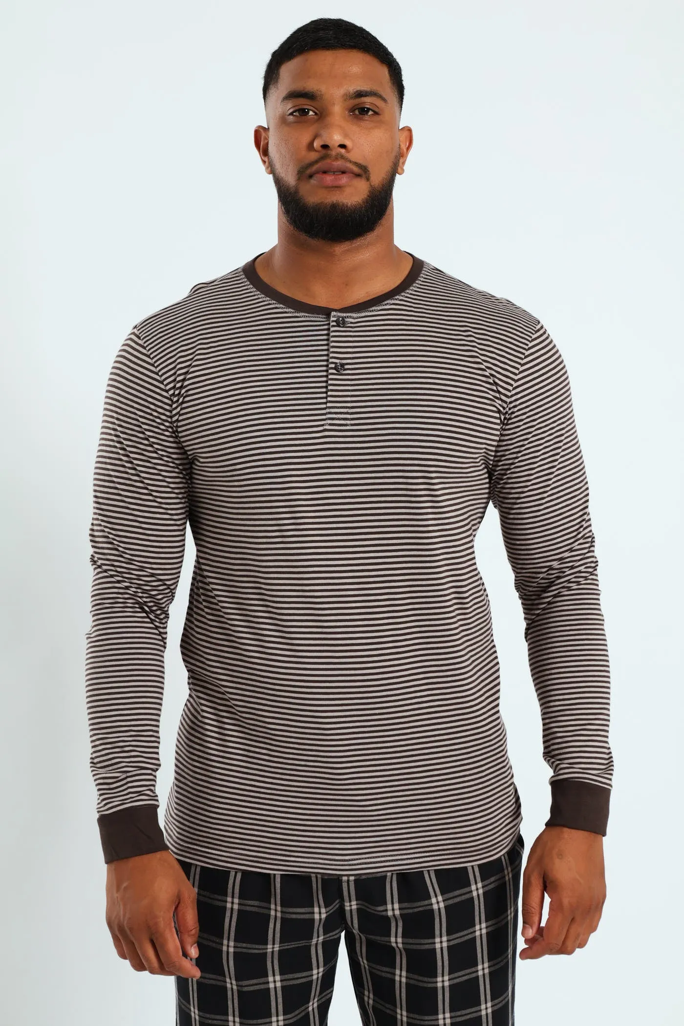 Narrow Stripe Long Sleeve Henley Tee - Charcoal sold by Edgars