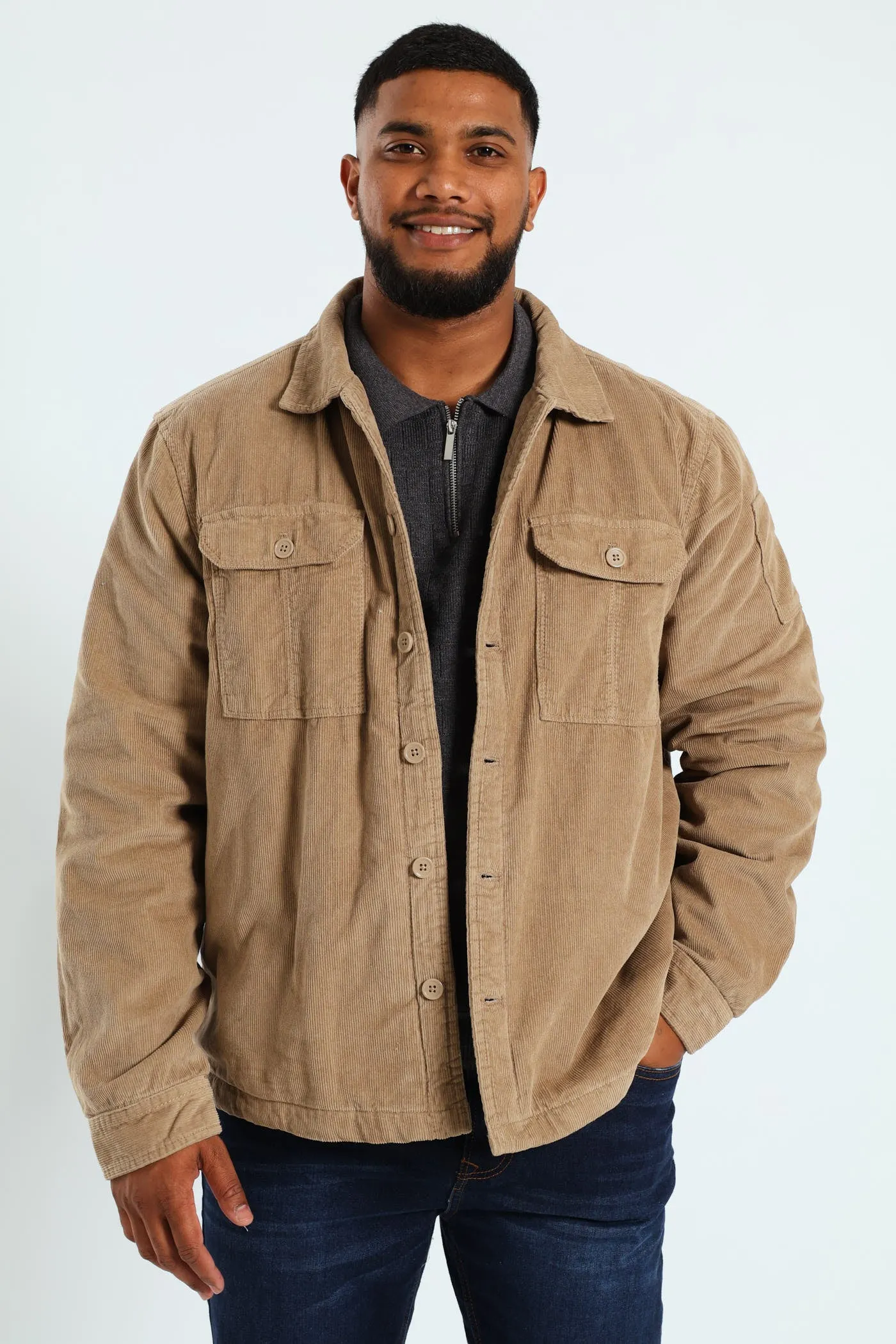 Corduroy Flap Pocket Shacket - Taupe sold by Edgars