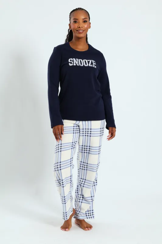 Snooze Check Polar Fleece Set - Navy sold by Edgars