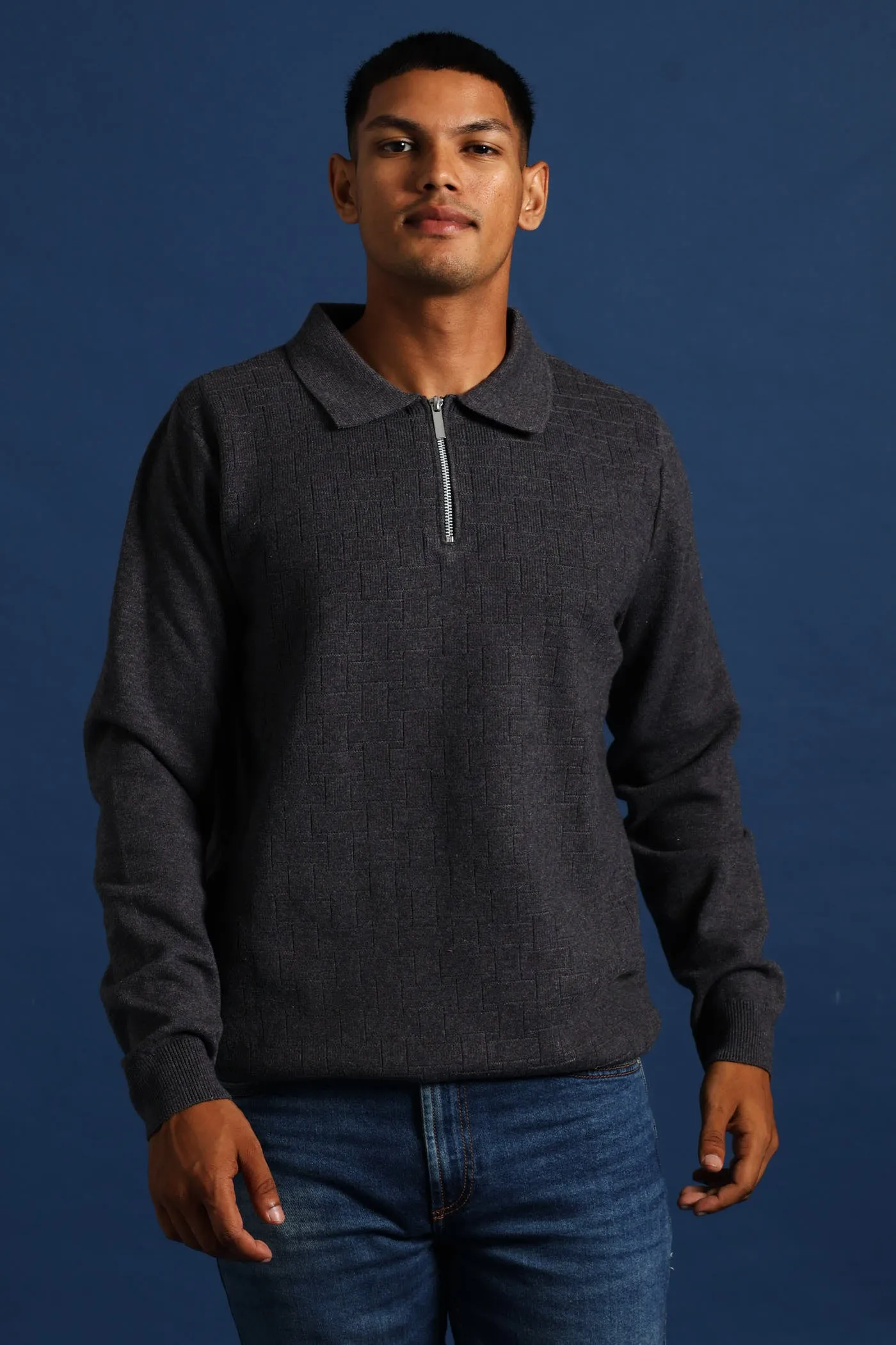 Quarter Zip Pave Fine Gauge Knitwear - Charcoal Melange sold by Edgars