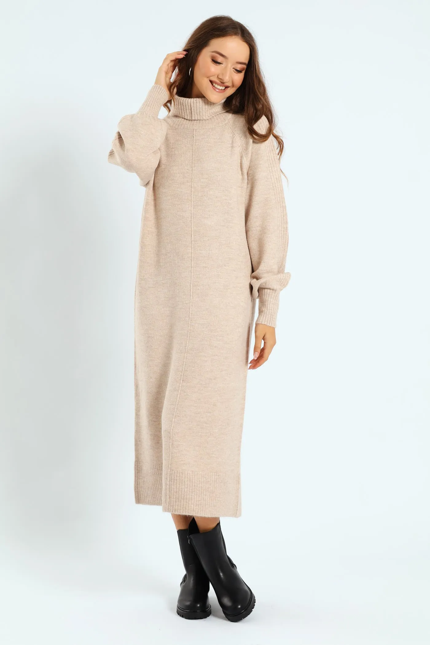 Balloon Sleeve Roll Neck Midi Dress - Oatmeal Melange sold by Edgars