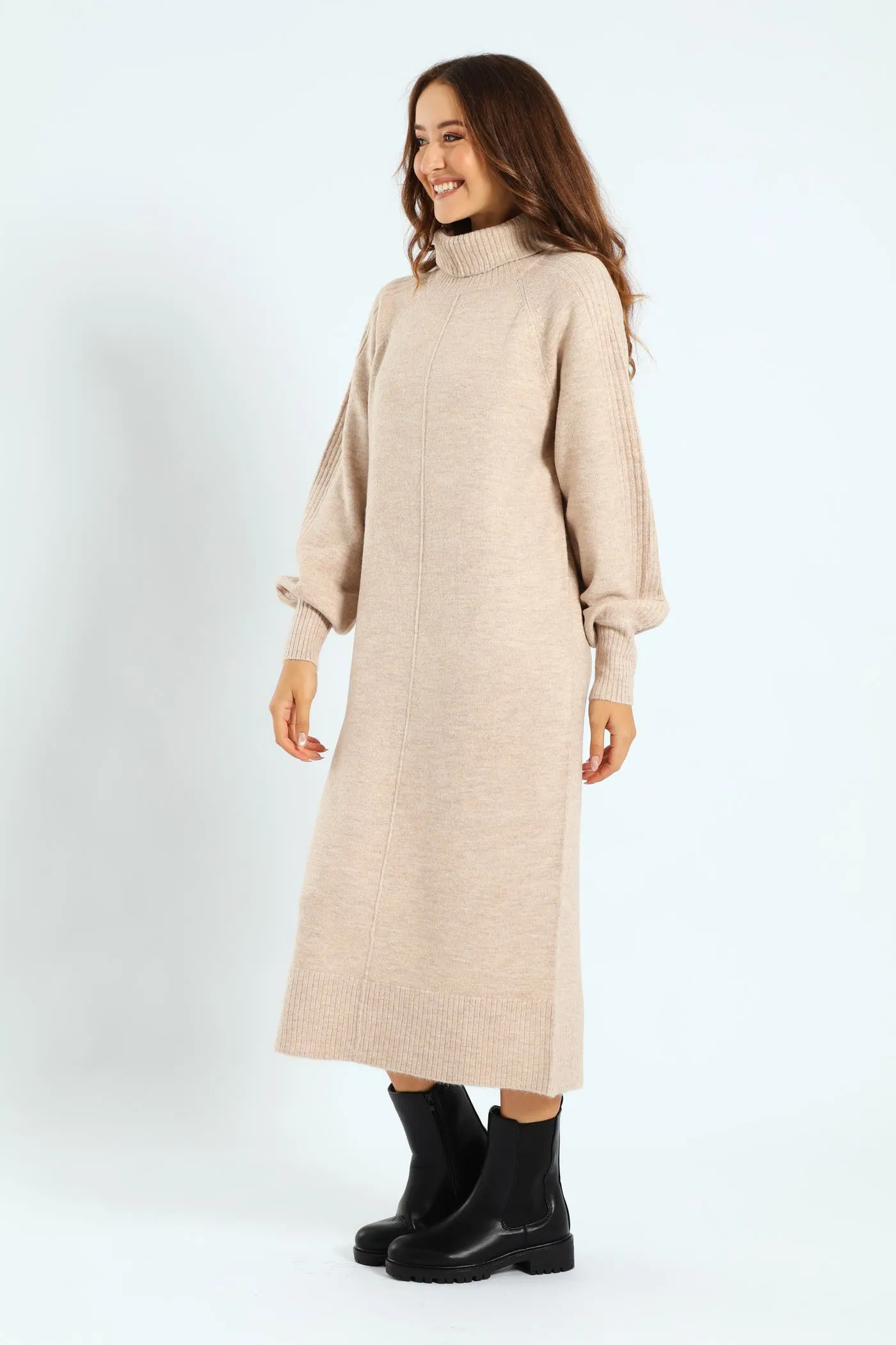 Balloon Sleeve Roll Neck Midi Dress - Oatmeal Melange sold by Edgars product image thumbnail 4