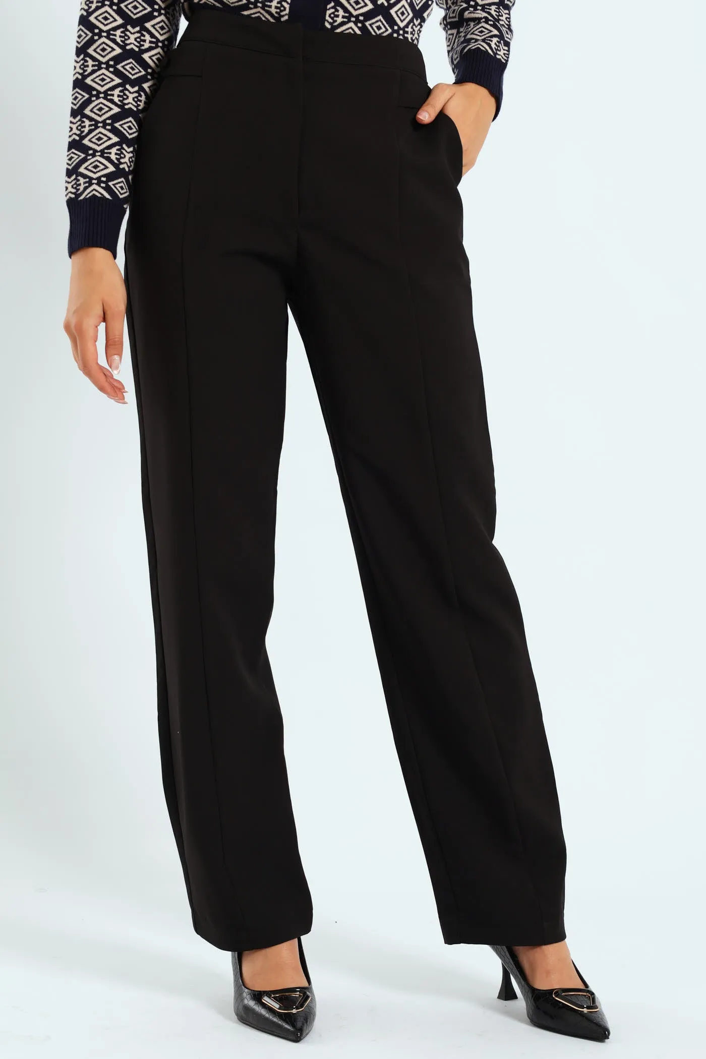 Panelled Tab Detail Straight Leg Pant - Black sold by Edgars