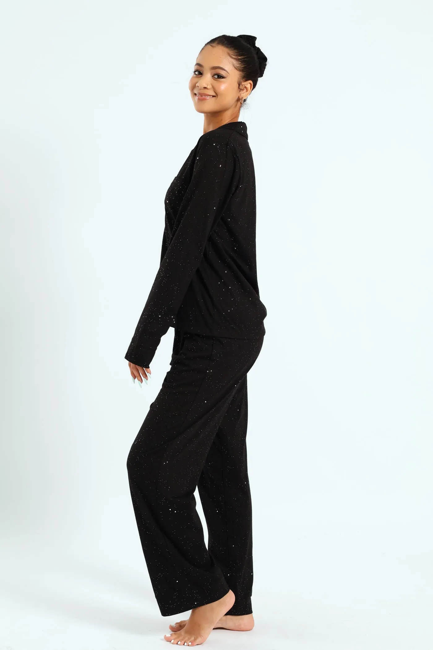 Long Sleeve Button Through & Pant Sparkle Knit Set With Scrunchie - Black sold by Edgars product image thumbnail 5