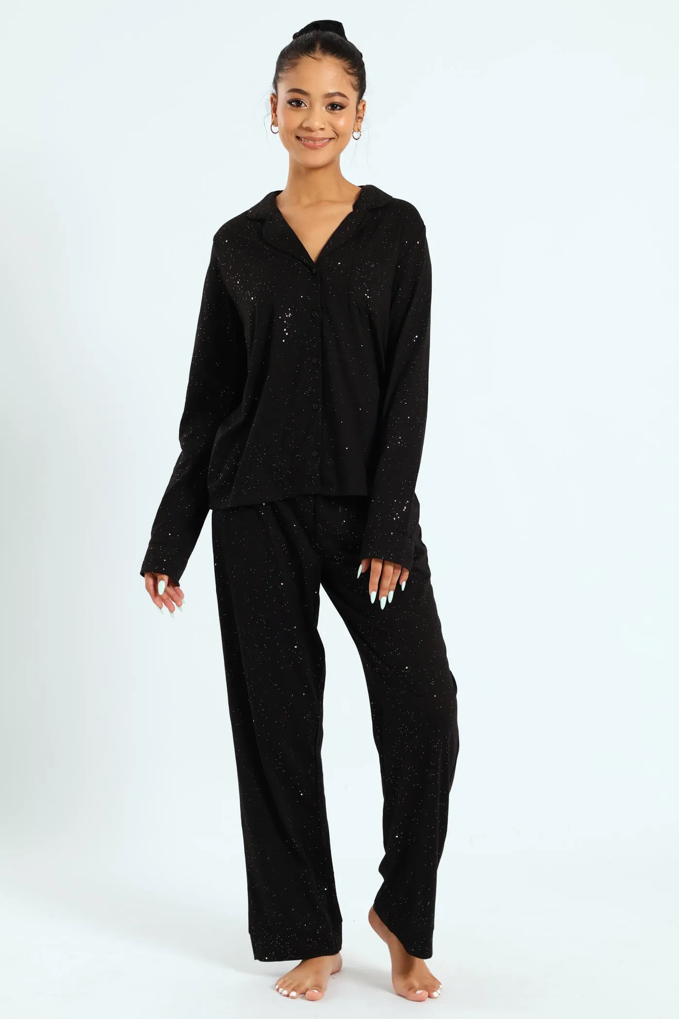 Long Sleeve Button Through & Pant Sparkle Knit Set With Scrunchie - Black sold by Edgars