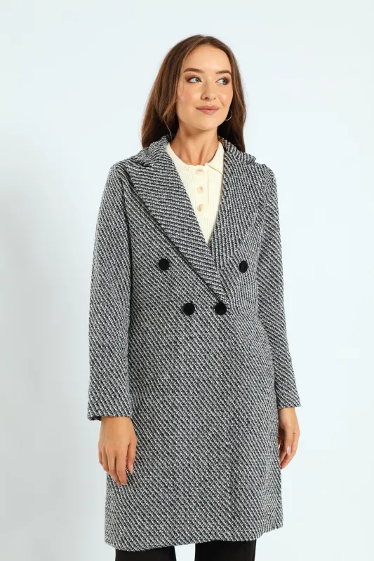 Double Breasted Chevron Tweed Coat - Black/Grey sold by Edgars 
