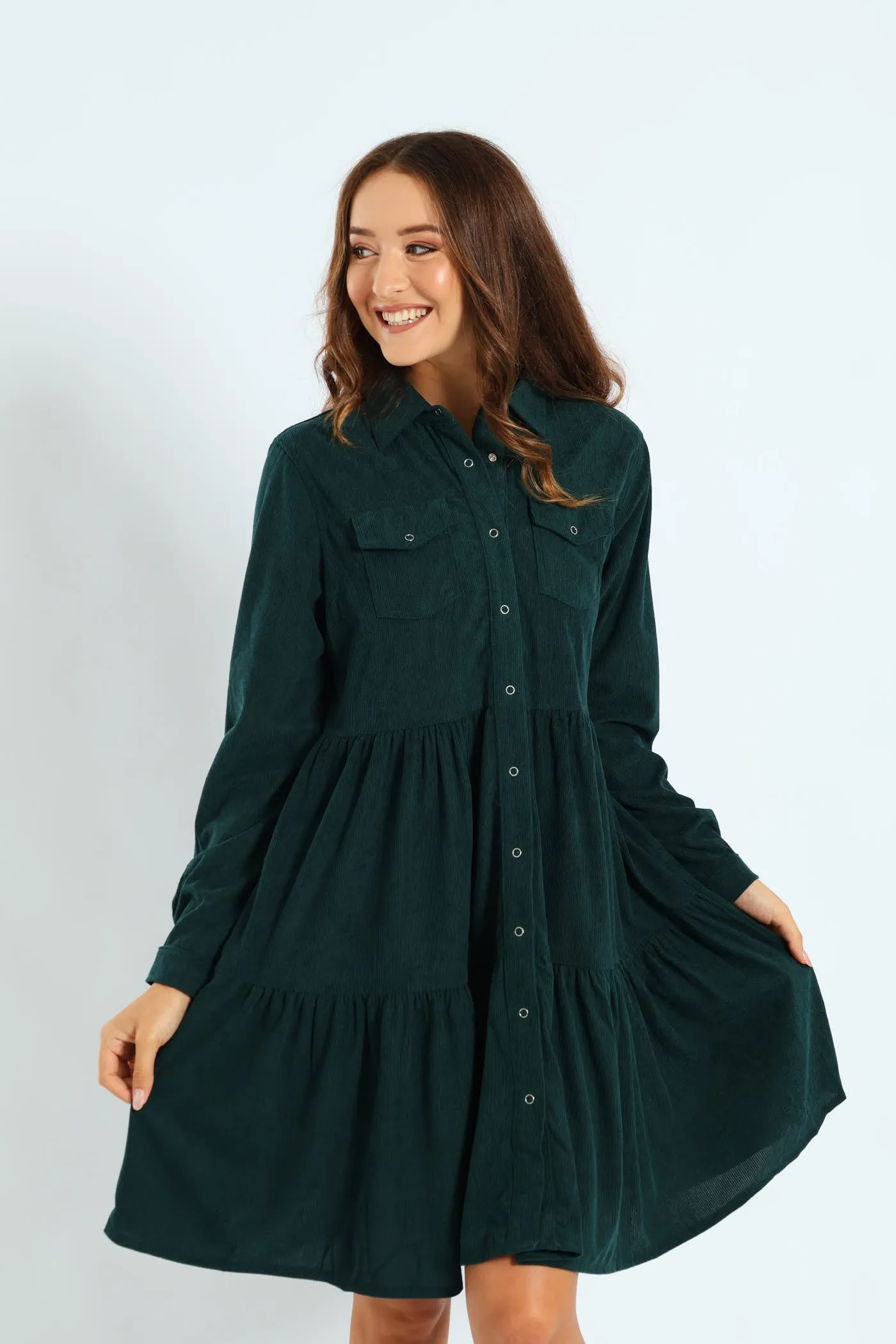 Tiered Corduroy Mini Shirt Dress - Forest Green sold by Edgars