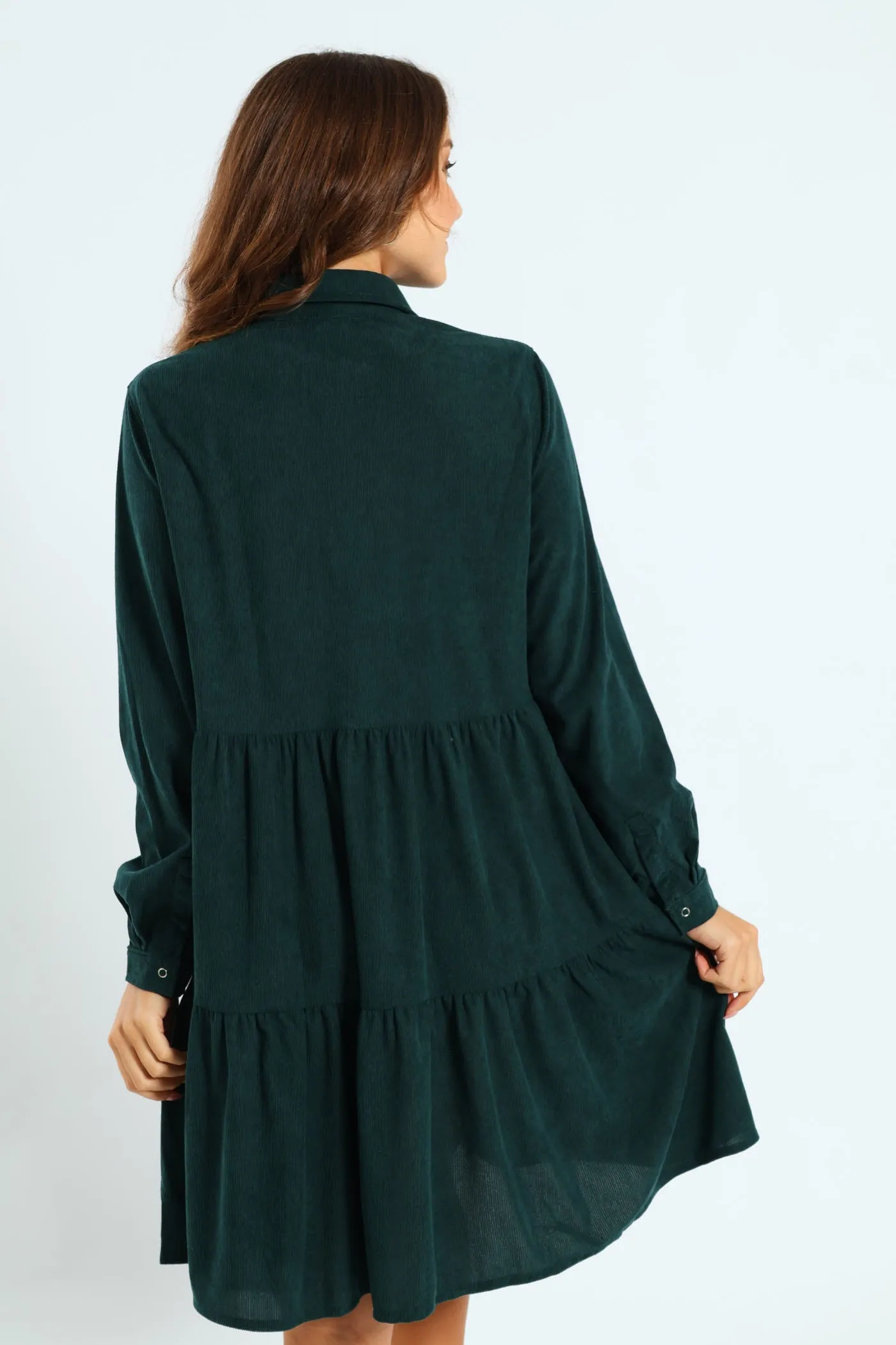 Tiered Corduroy Mini Shirt Dress - Forest Green sold by Edgars product image thumbnail 4