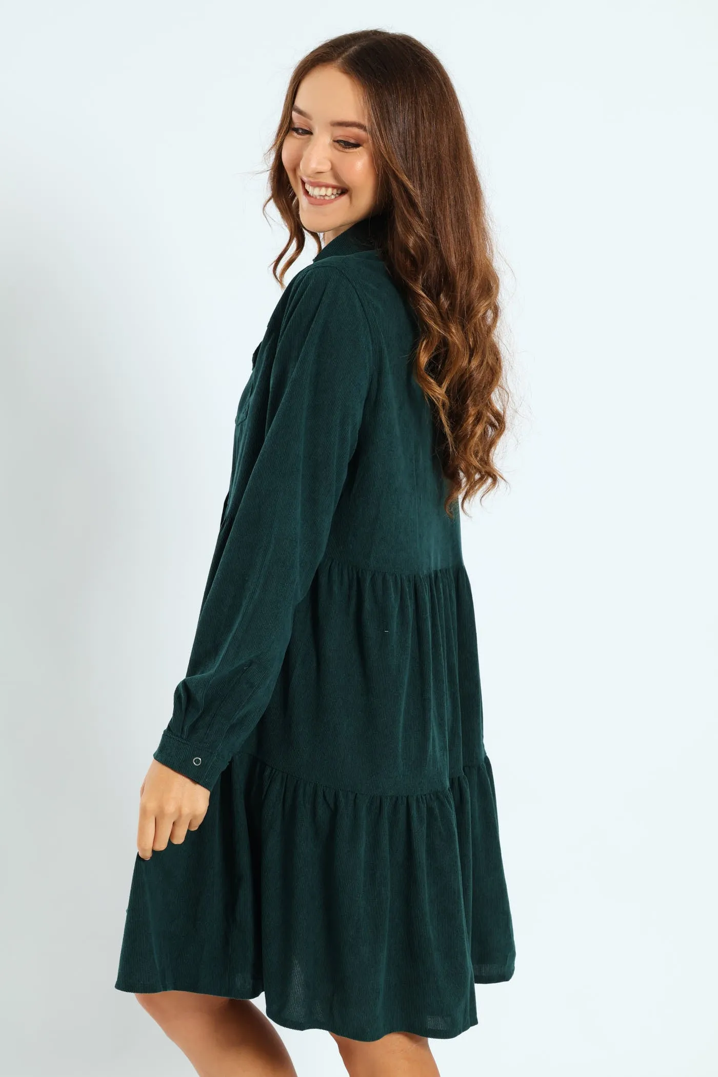Tiered Corduroy Mini Shirt Dress - Forest Green sold by Edgars product image thumbnail 3