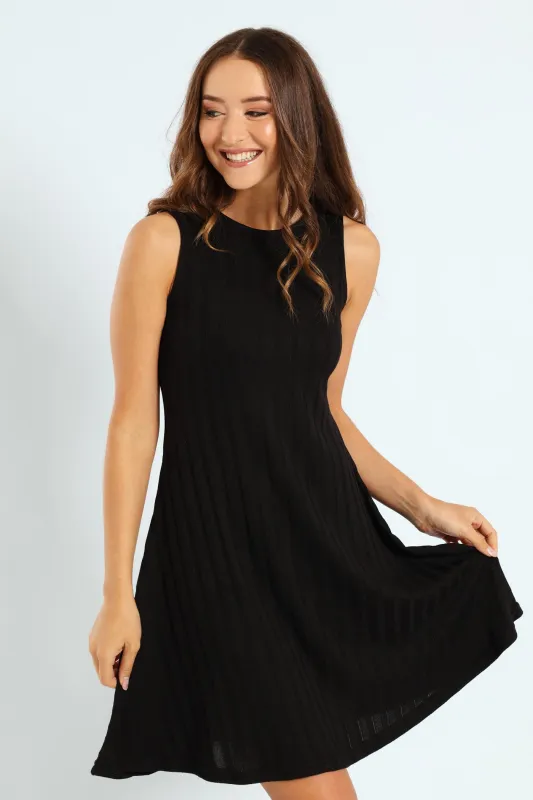 Ribbed Cut & Sew Mini Pinafore Dress - Black sold by Edgars