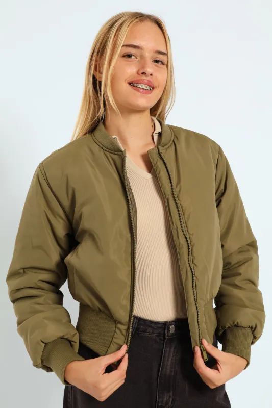 Girls Satin Bomber Jacket - Olive sold by Edgars