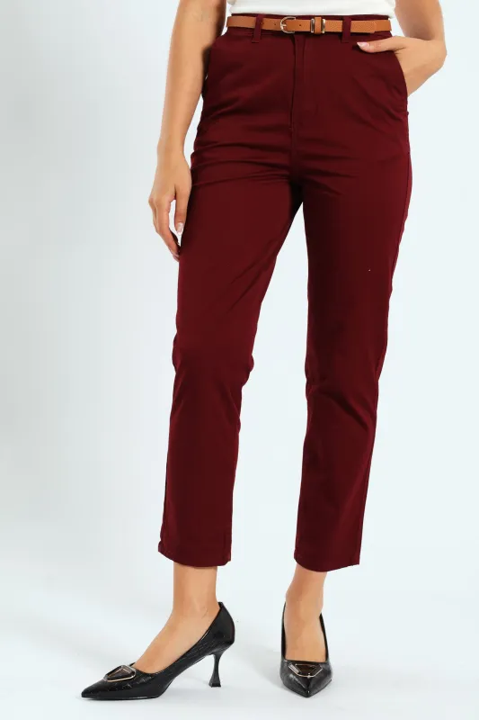 Belted Straight Sateen Chino Pants - Plum sold by Edgars 