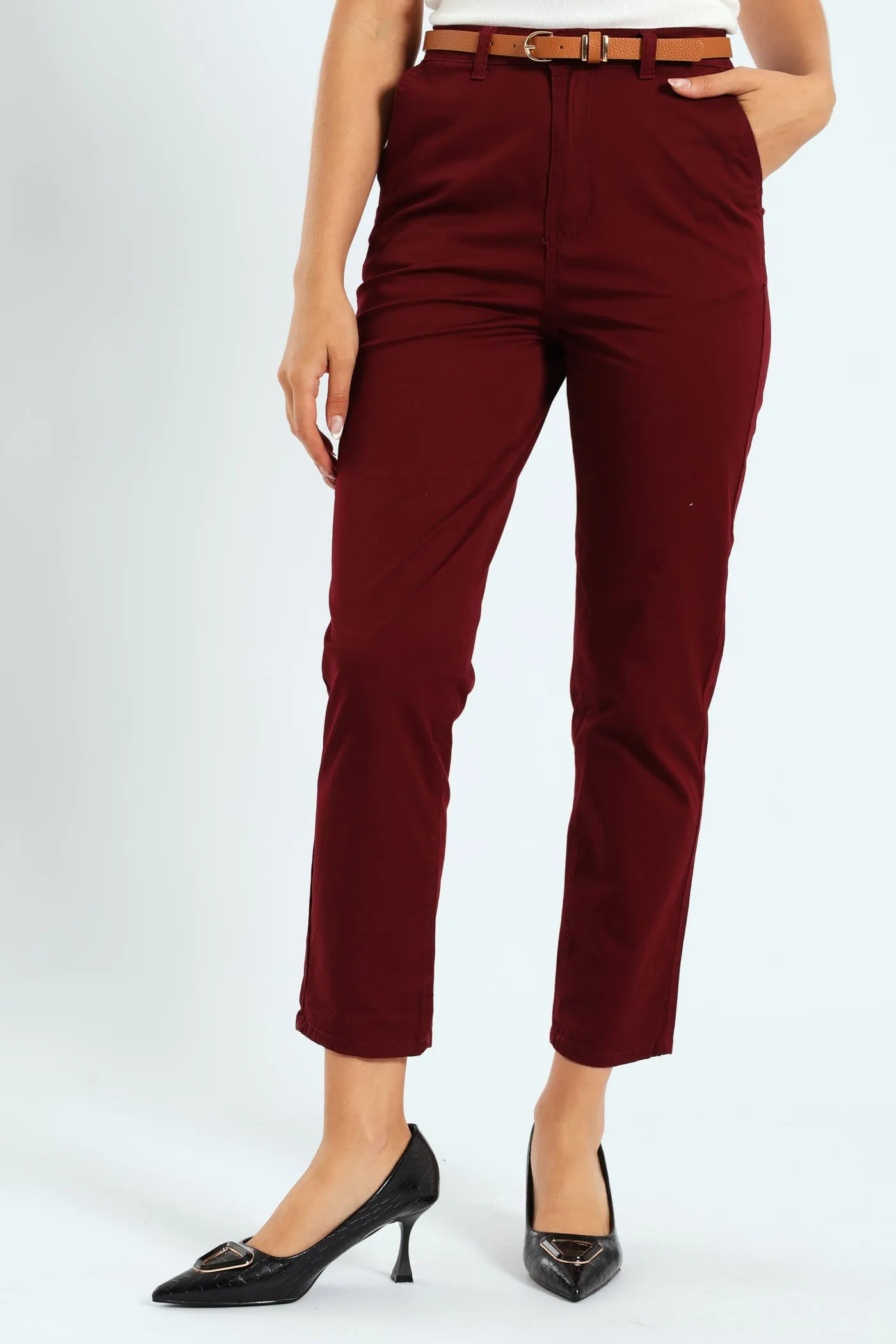 Belted Straight Sateen Chino Pants - Plum sold by Edgars