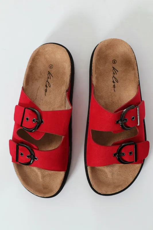 Double Buckle Slide Sandal On Flatform Rubber Sole - Red sold by Edgars