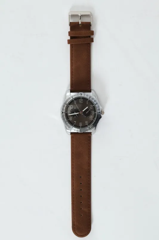 Brushed Metal Pu Strap Watch - Brown sold by Edgars