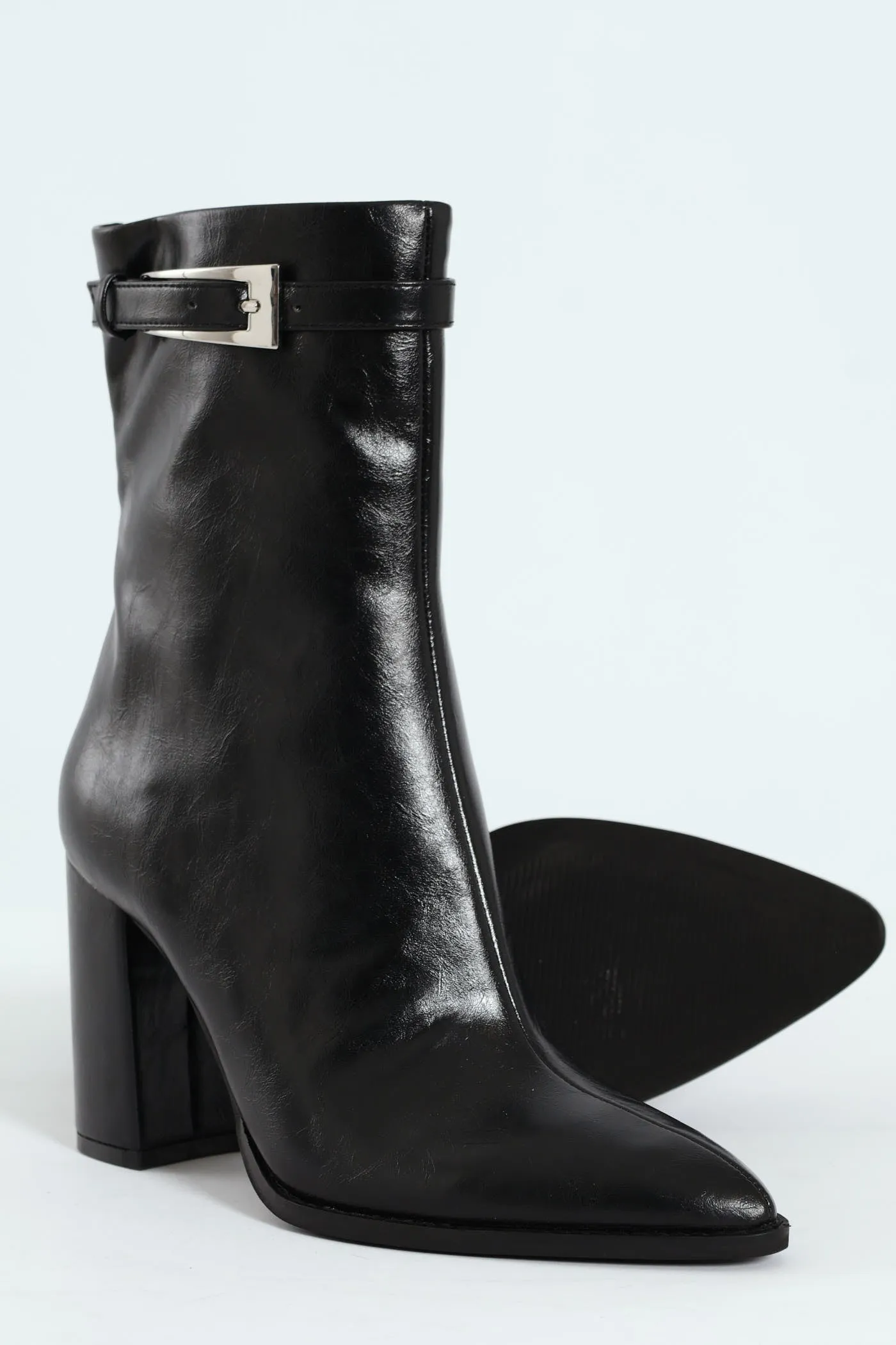 Brentley Pointed Toe Buckle Heeled Boot - Black sold by Edgars