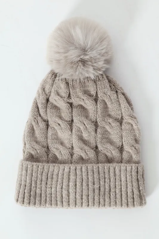 Cable Knit Turn Up Pom Pom Beanie - Grey Melange sold by Edgars