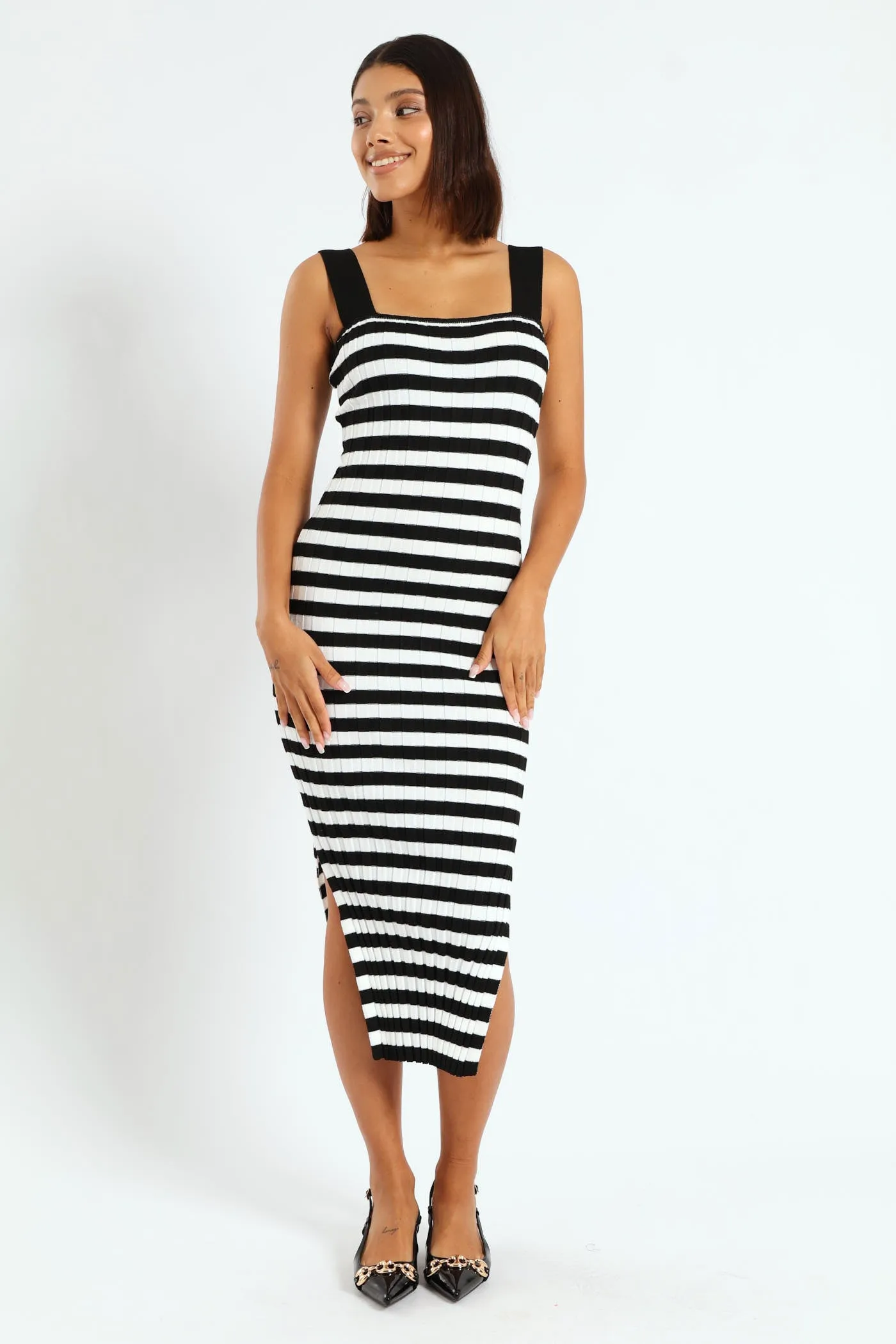 Strappy Stripe Knitwear Midi Dress - Black & White sold by Edgars