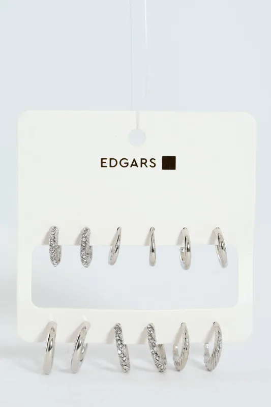 6 Pack Diamante Hoop Earrings - Silver sold by Edgars