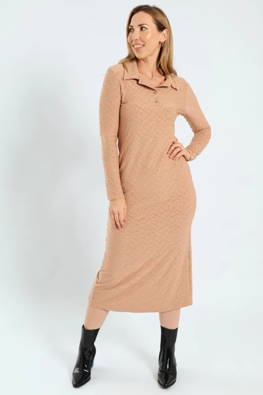 Johnny Collar Pebble Knit Column Midaxi Dress - Brown sold by Edgars
