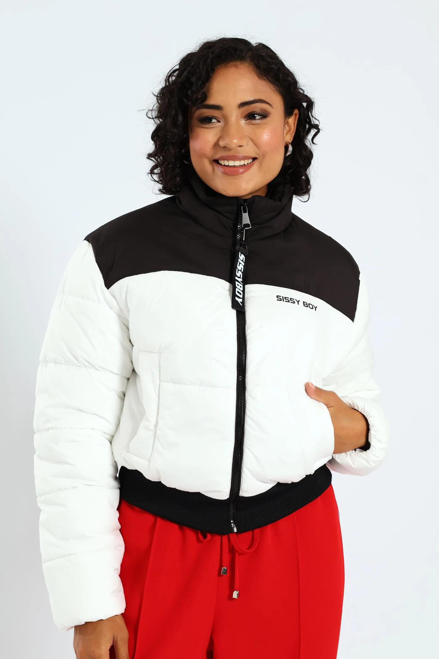 On My Way Puffer Jacket With Contrast Panels & Branding - Black/White sold by Edgars