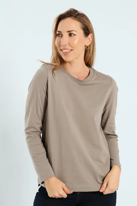 Long Sleeve Boxy Step Hem Crewneck Top - Taupe sold by Edgars