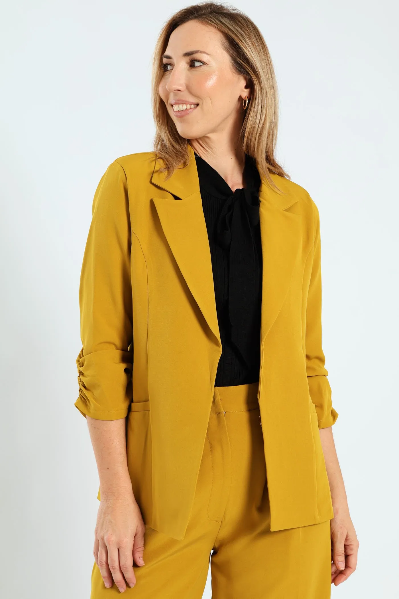 Notch Collar Gauged Sleeve Blazer - Mustard sold by Edgars
