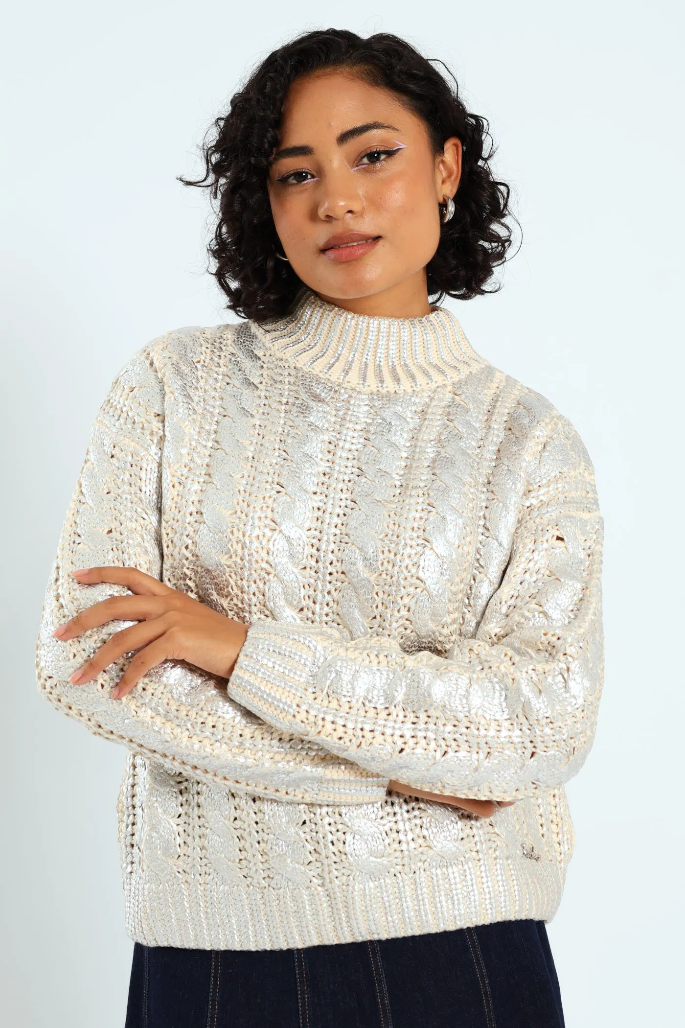 Metallic Polo Neck Knit Sweater - Silver sold by Edgars