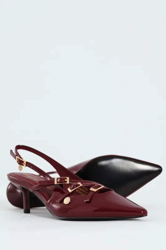 Multi Buckle Pointed Toe Slingback Heel - Red sold by Edgars