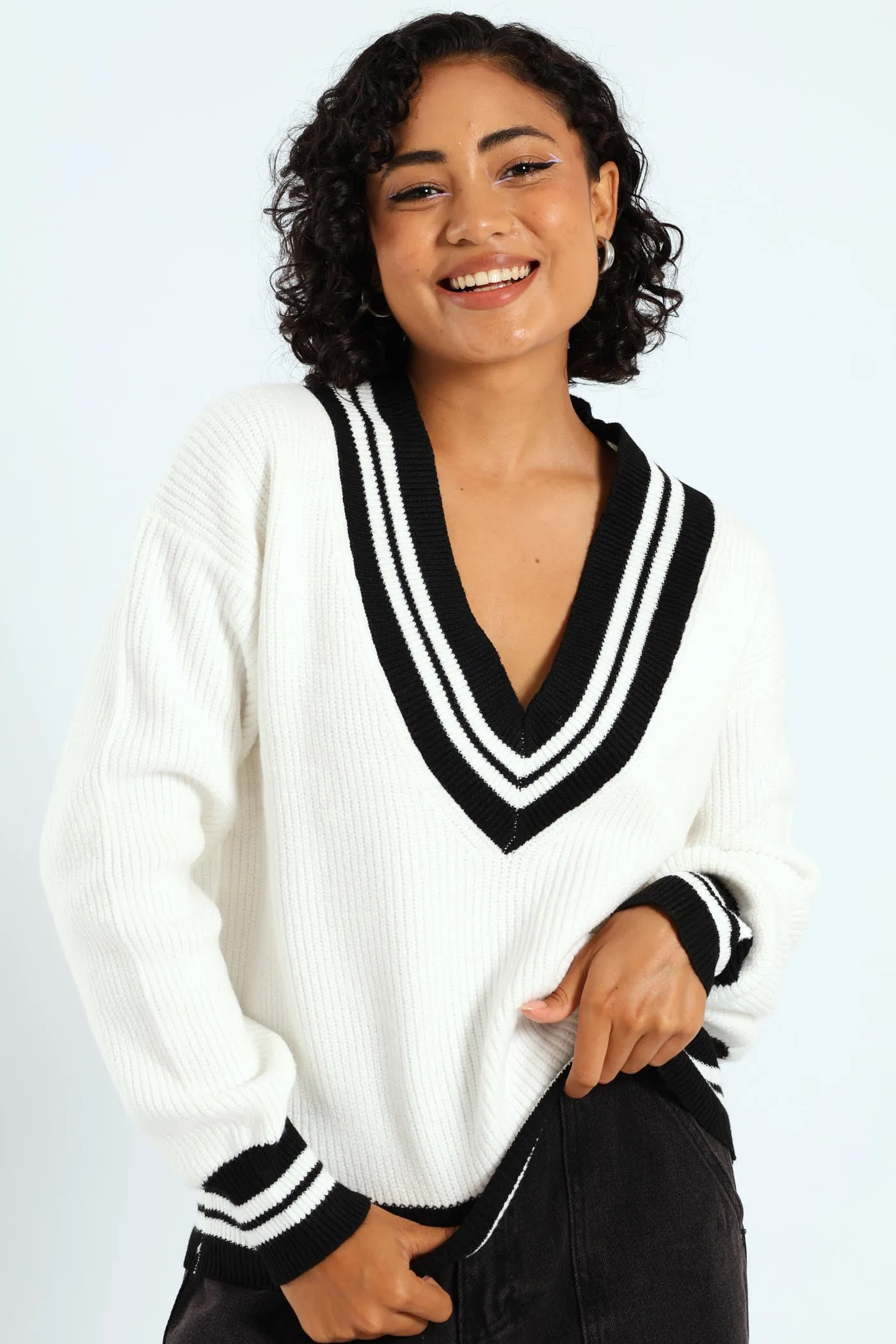 Oversized Tipped V-Neck Pullover - Cream sold by Edgars