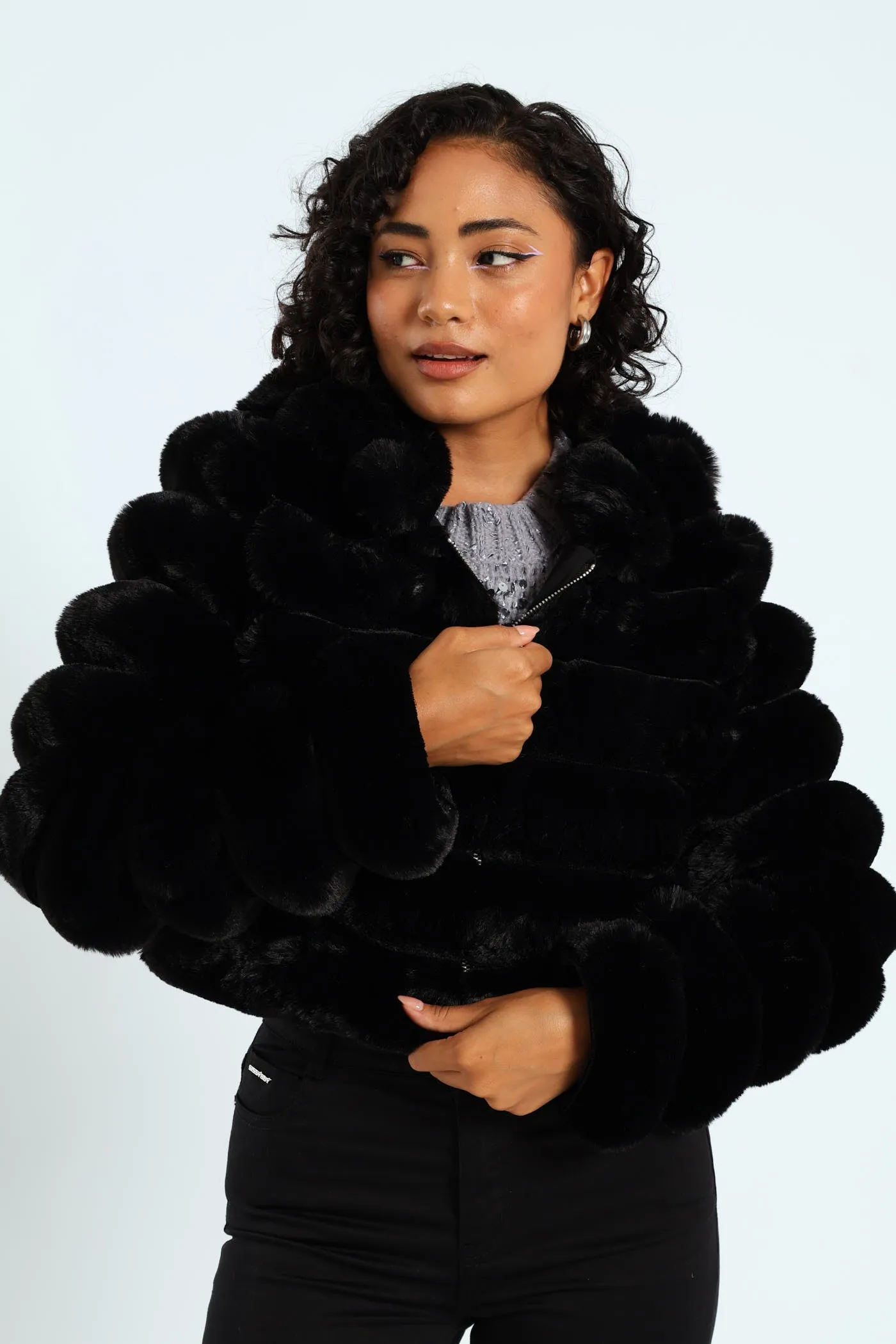 Faux Fur Quilted Hooded Jacket - Black sold by Edgars