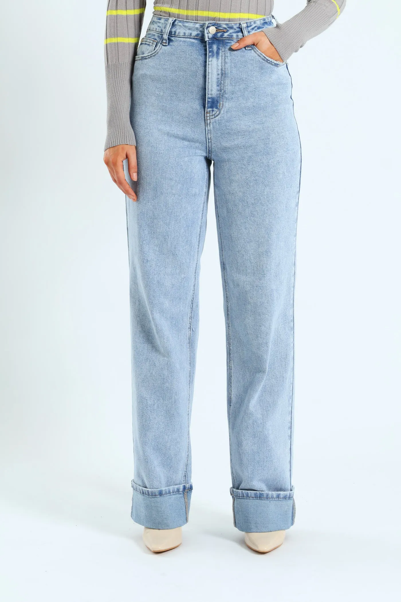 Wide Turn Up Hem Jean - Light Wash sold by Edgars